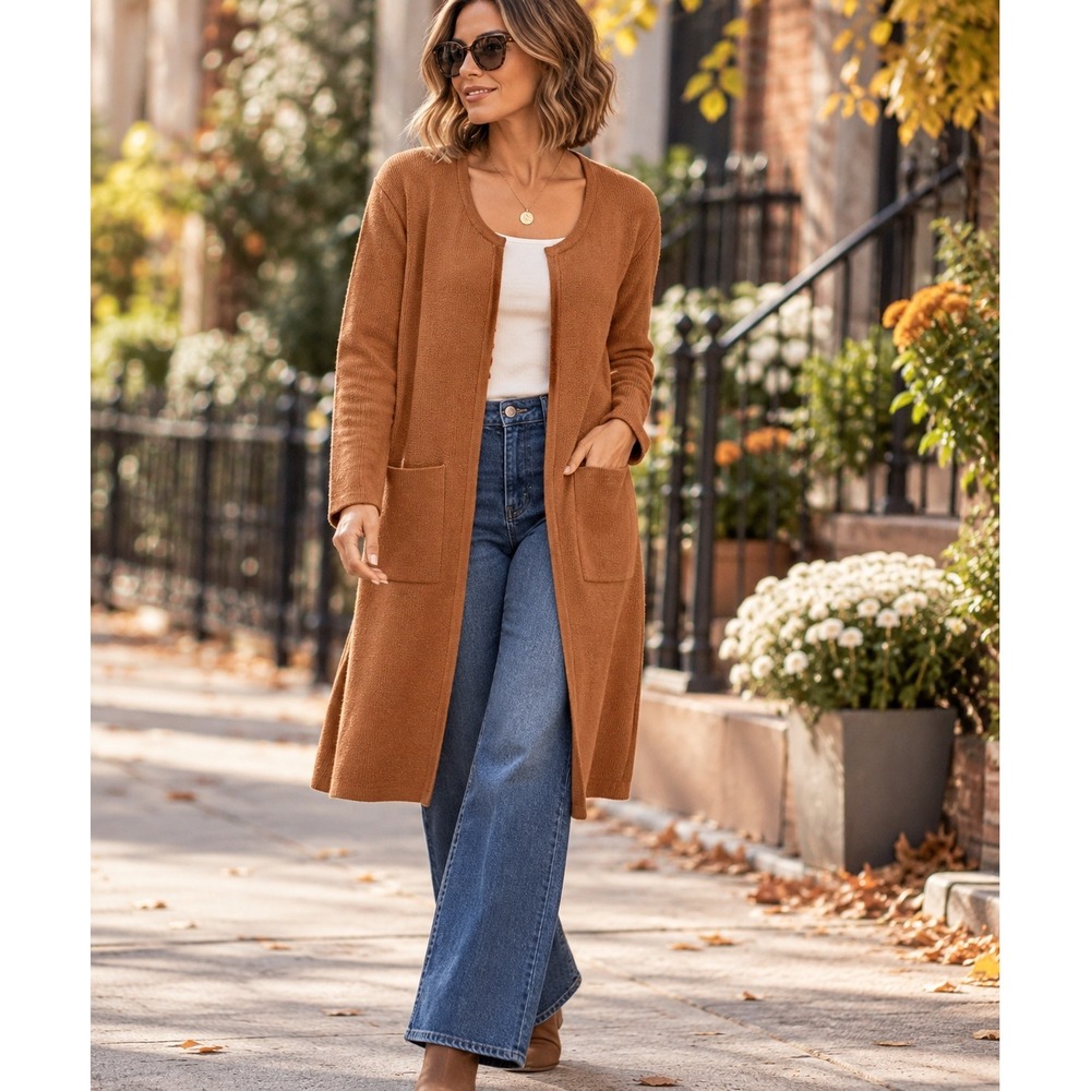 Chicasimir Long Cardigan L Cognac Brown Open Front Pockets Minimalist Coatigan